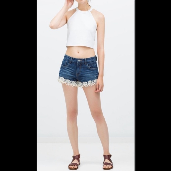 Zara Trafaluc Mini shorts Jeans Blue Denim Boho Country Festival Crochet Sz 0 - Picture 2 of 8